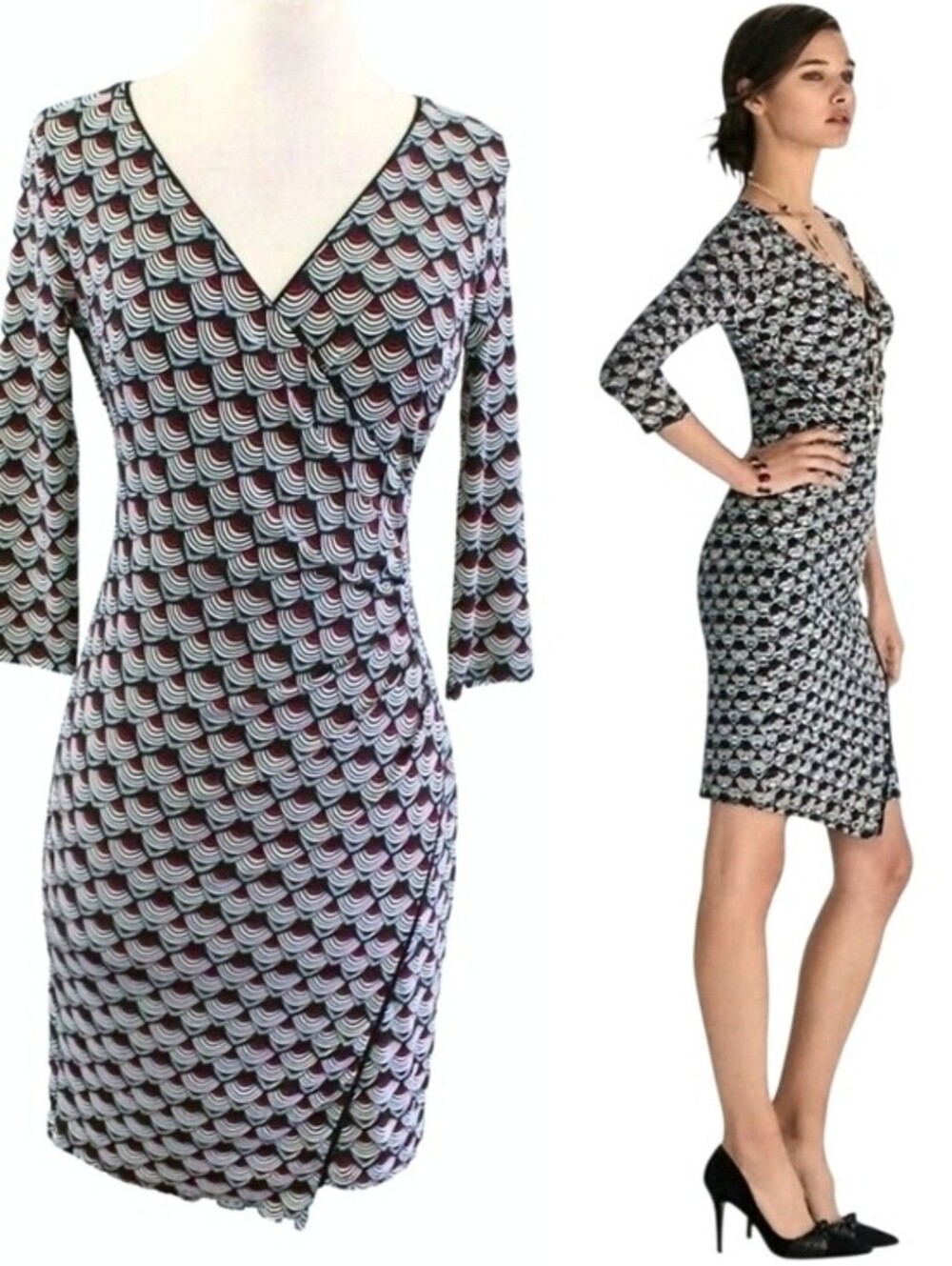 WHBM Faux Wrap V-Neck Knee Length Asymetric Hem Sheath 3/4 Sleeve. Sz 12 L
